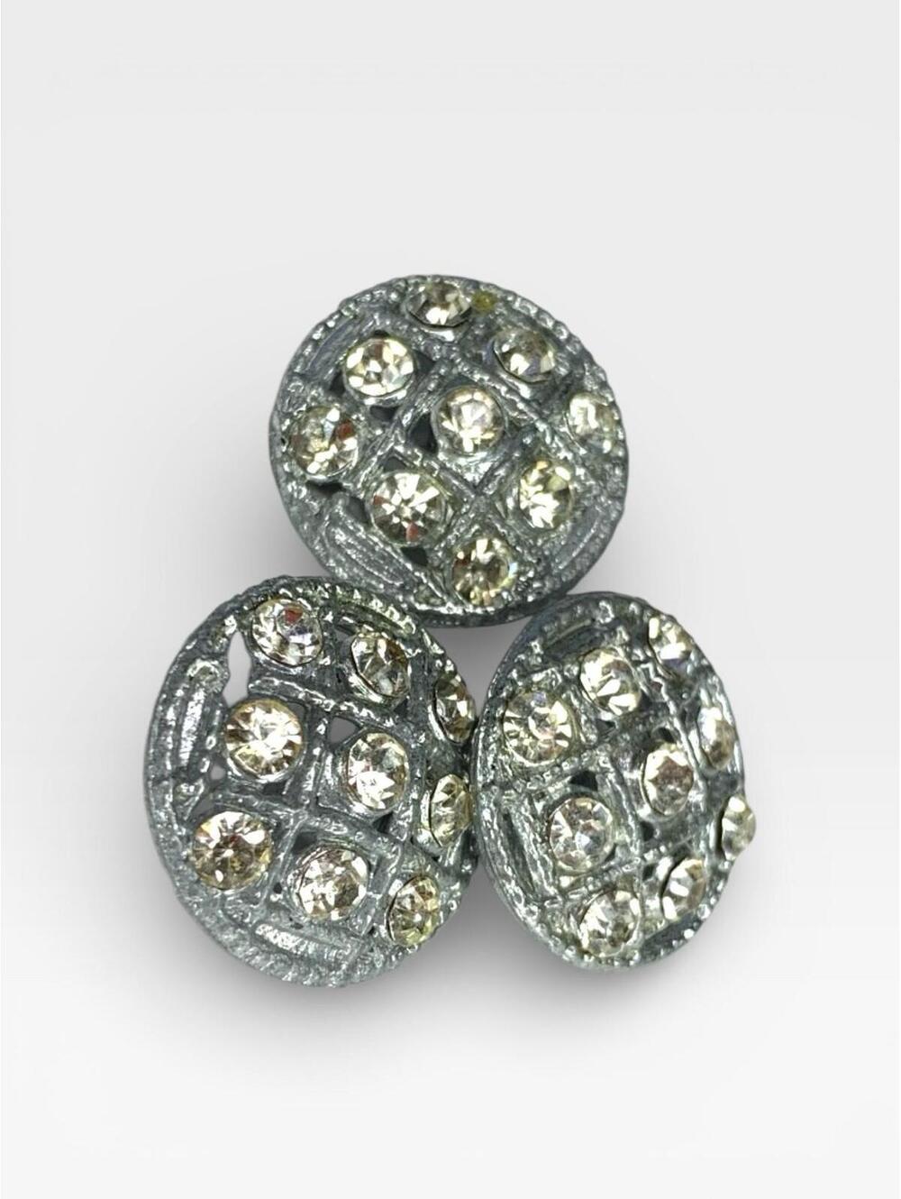 VTG Rhinestone Shank Buttons Lot 3 Silver Tone Round 1” Dome Top Victorian Style